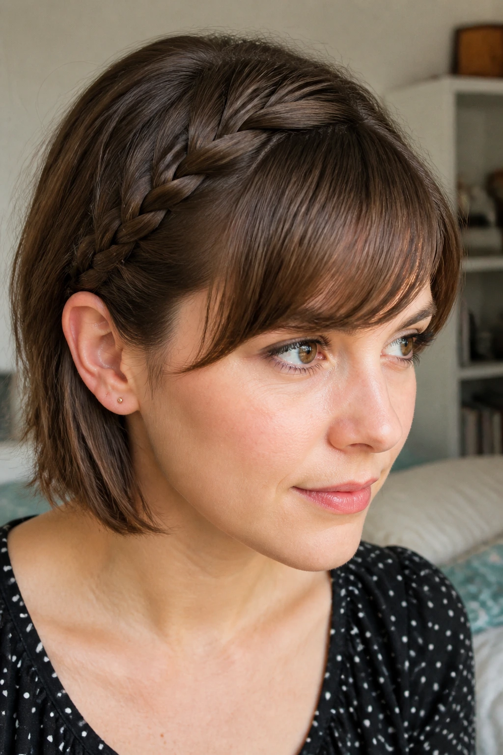 Close-up of a short hairstyle with a braided bang swept to the side