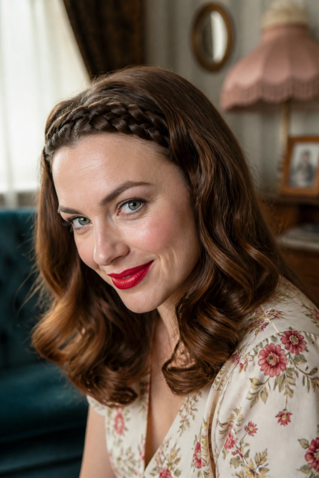 Close-up of braided bang with loose waves framing the face in a retro setting.