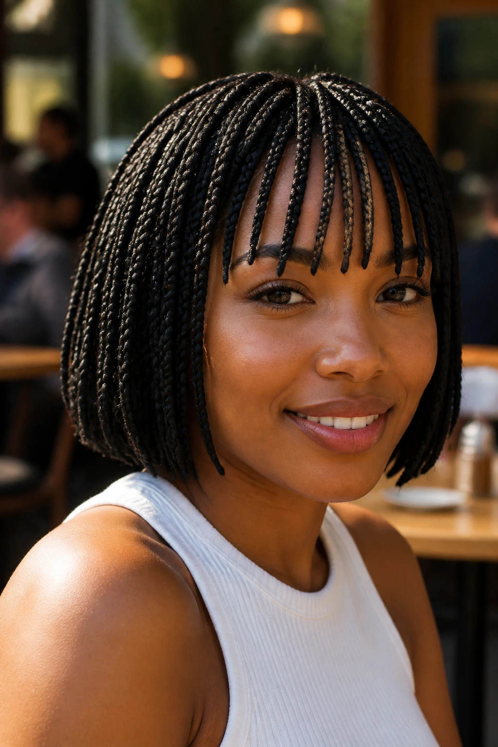 Portrait of a woman with braided bangs bob box braids framing the eyes