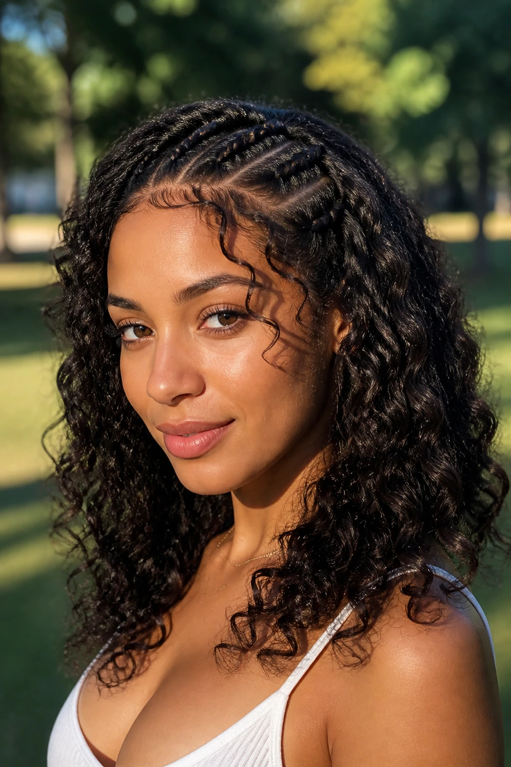 Close-up of a real woman with braided bangs and loose curls in a park setting