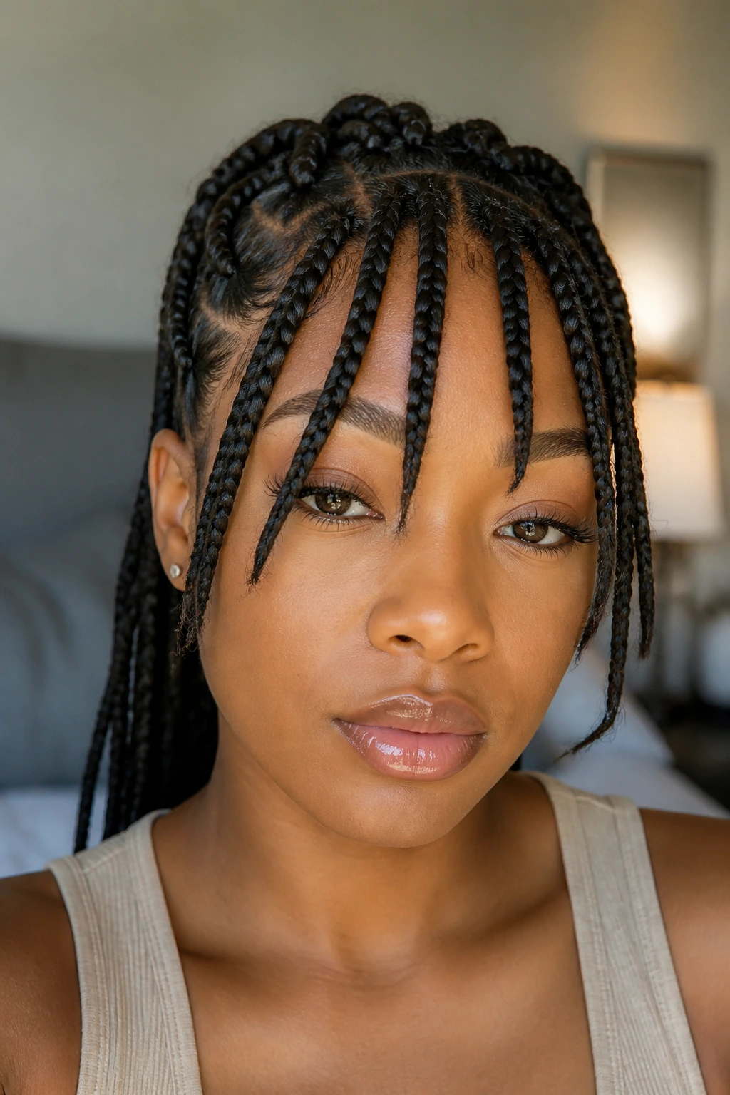 Close-up portrait of a woman with braided bangs and face-framing pieces