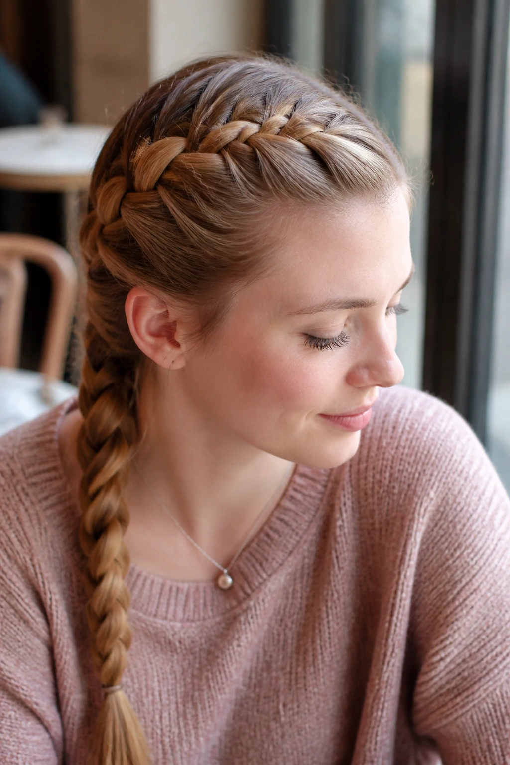Close-up portrait of a real woman with bangs braided into a French braid