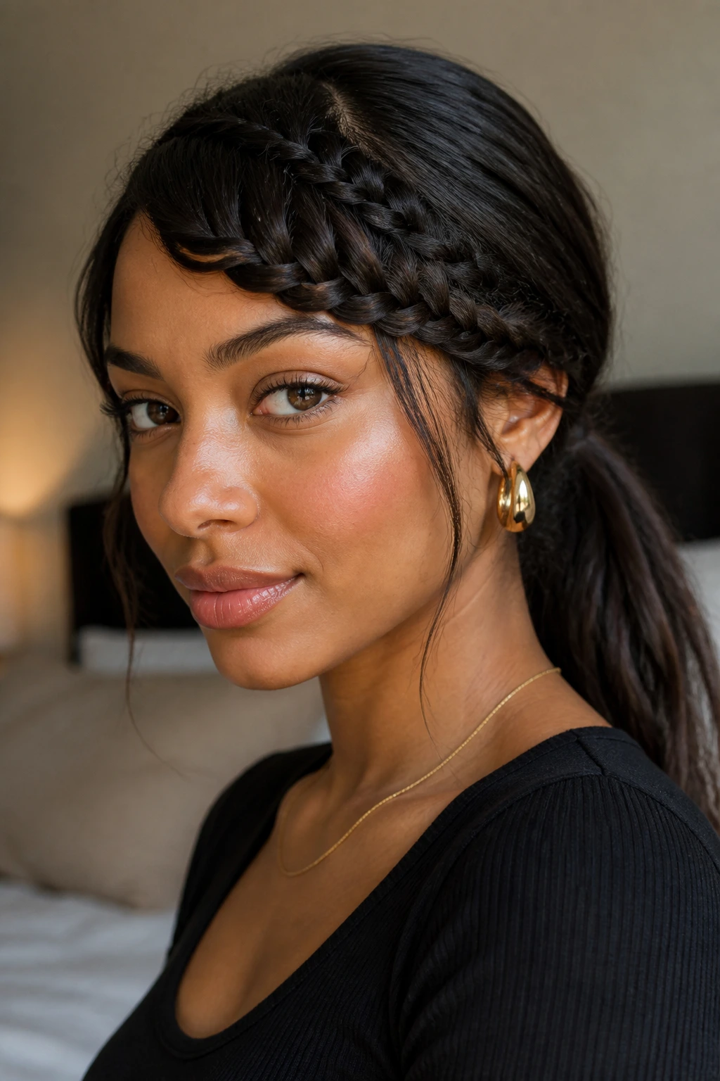 Close-up portrait of a real woman with braided bangs and a low ponytail