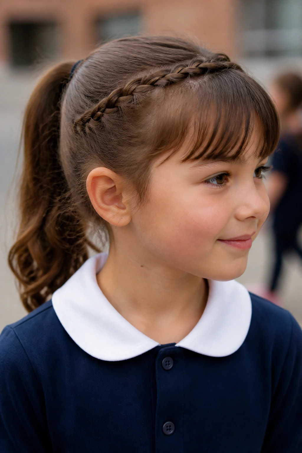 Close-up of a girl with braided bangs integrated into a ponytail