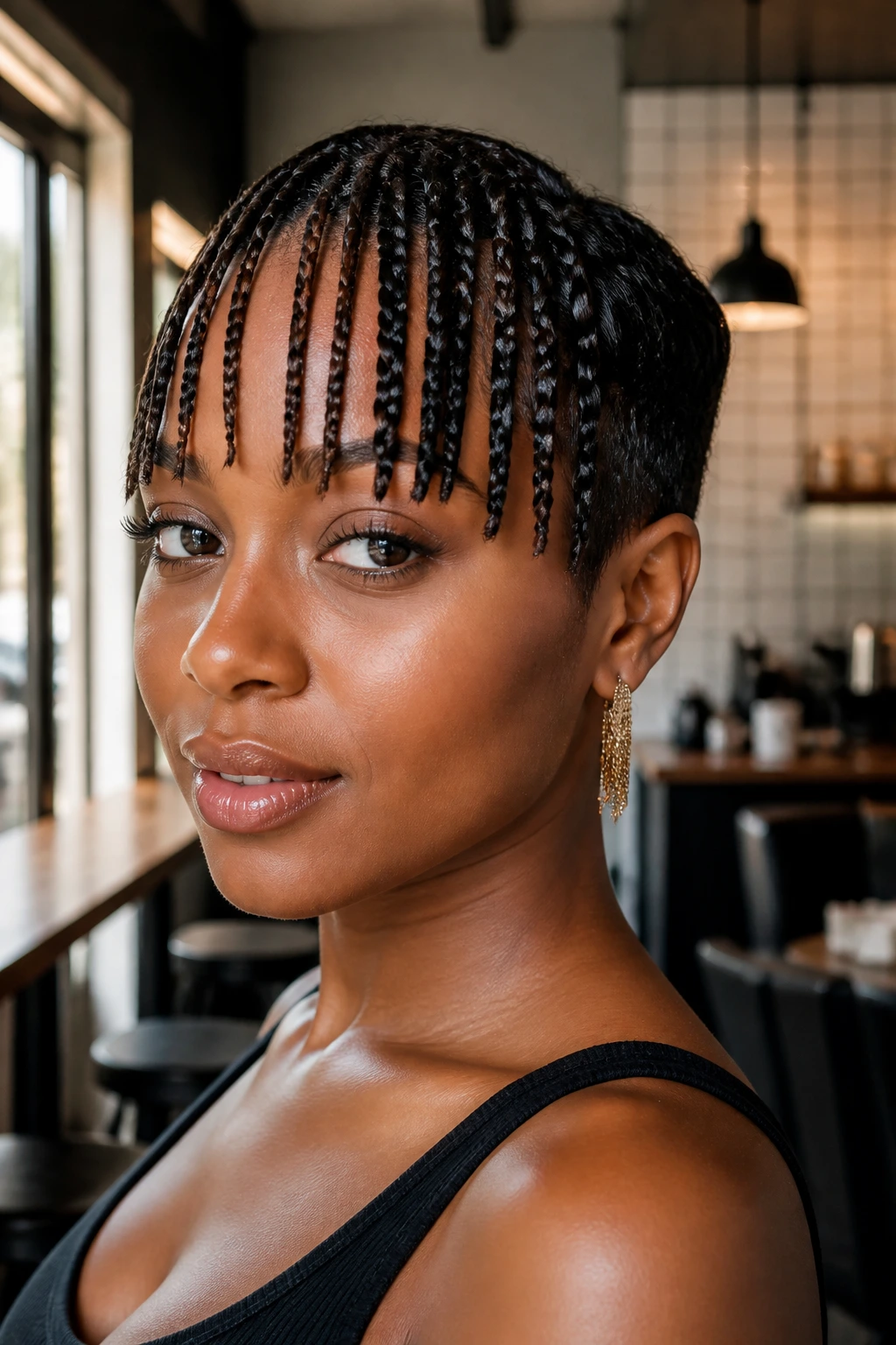 Close-up portrait of a real Black woman with braided bangs and cropped back
