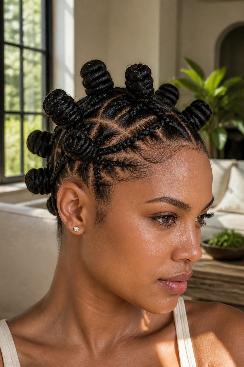 Close-up portrait of a woman with braided-base Bantu knots.