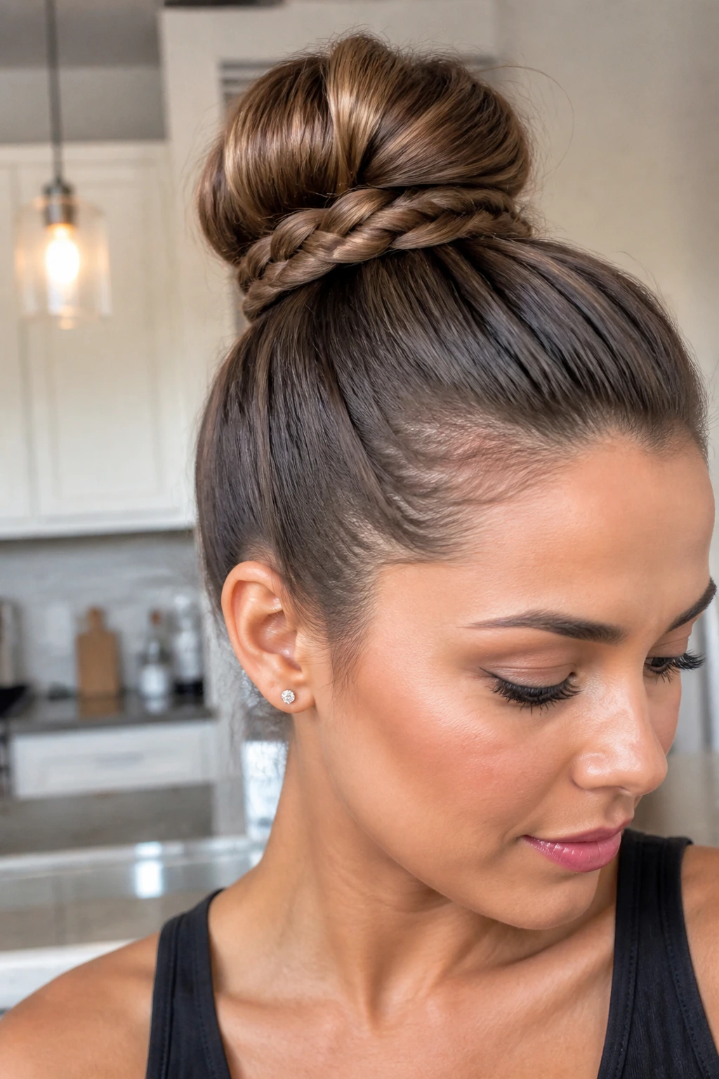 Portrait of a woman with a braided-base high bun