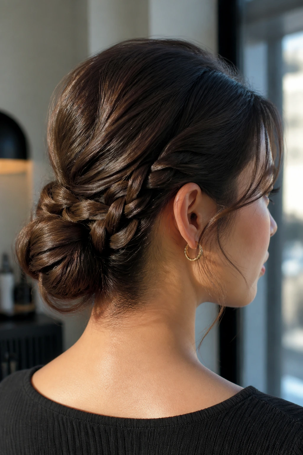 Close-up of a real woman wearing a braided-base chignon with a low nape braid folded into the bun.