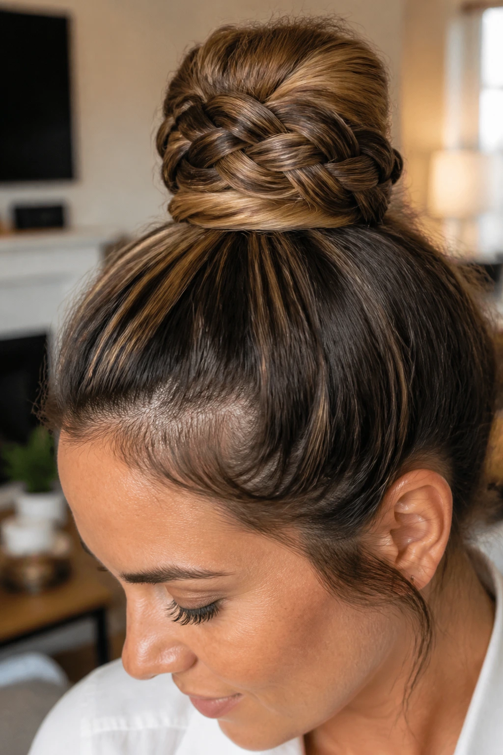 Close-up of a woman with a braided-base top knot.