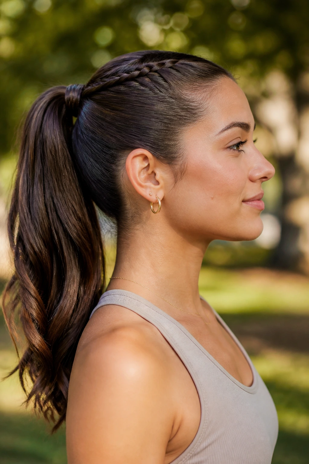 Portrait of a person with a braided-base ponytail.