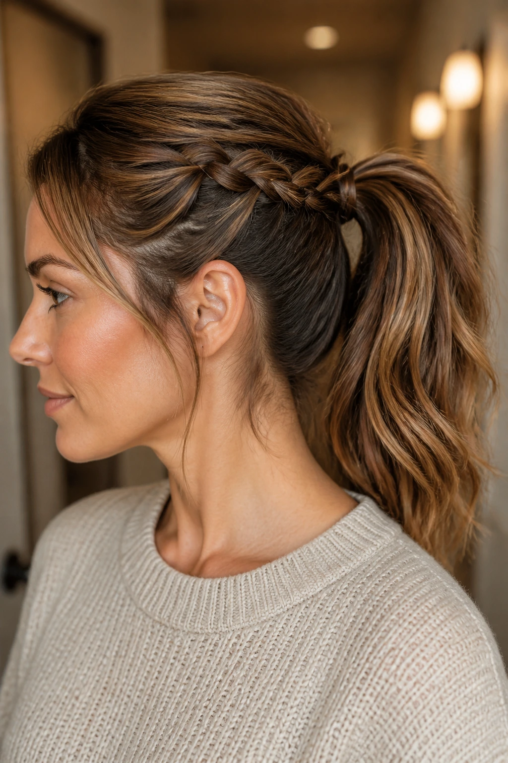 Close-up of a real woman with braided-base ponytail secured at the crown