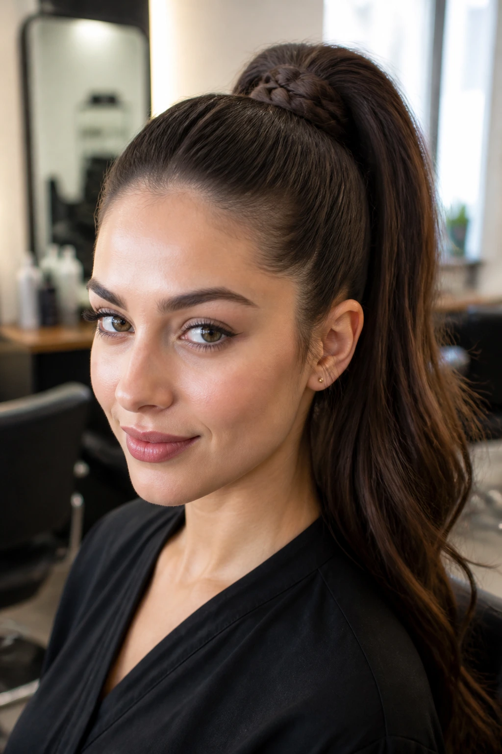 Close-up of a real woman with a braided-base ponytail framing the ponytail