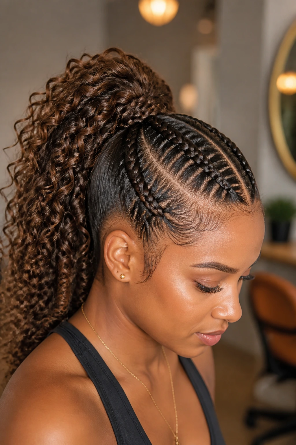 Close-up of a real woman with a braided-base ponytail at the crown