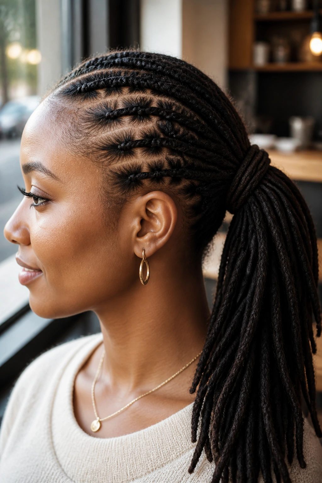 Portrait of a real woman with braided base ponytail and wrapped tail.
