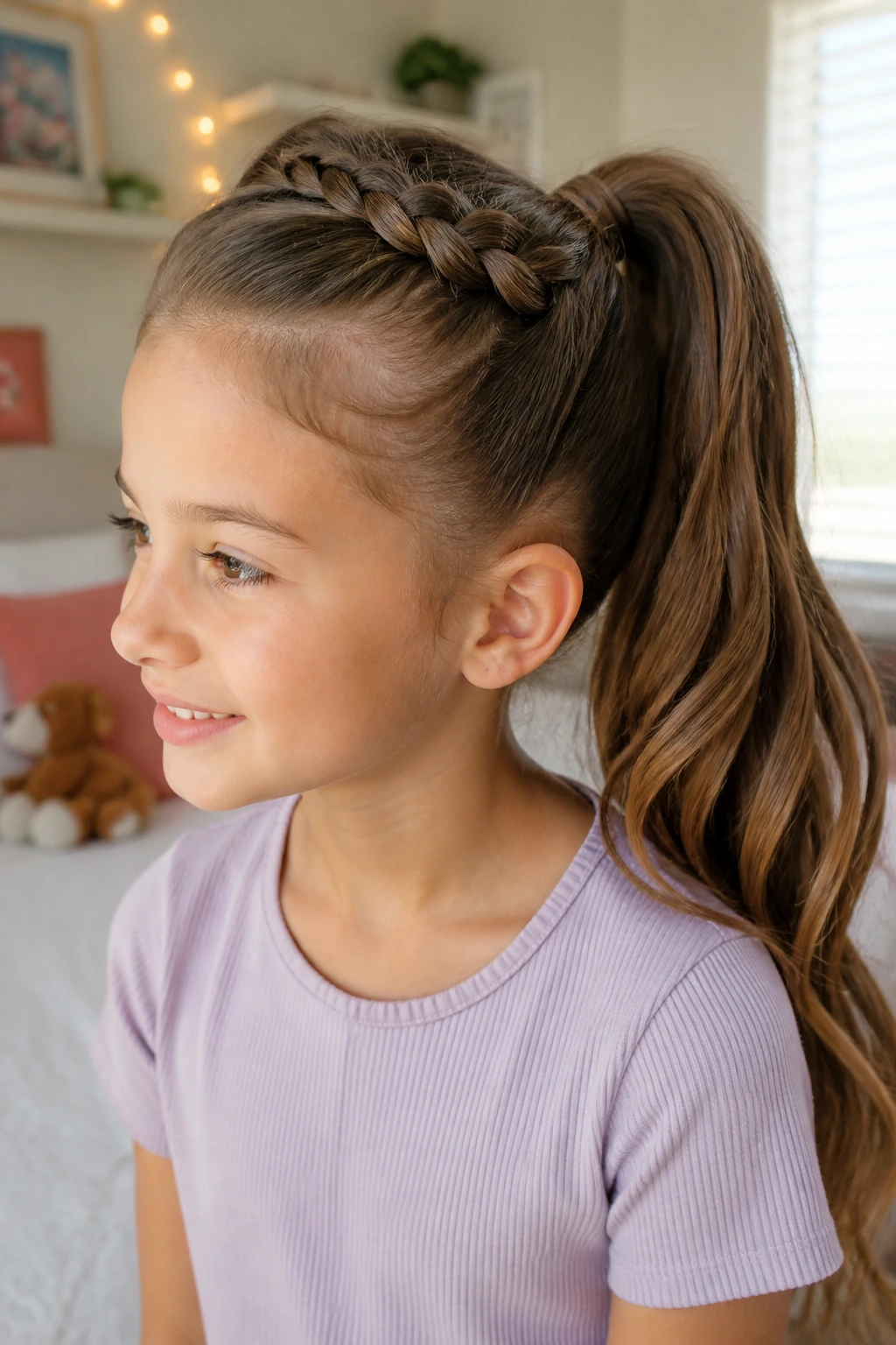 Close-up of a girl with a braided-base ponytail anchored by a three-strand braid