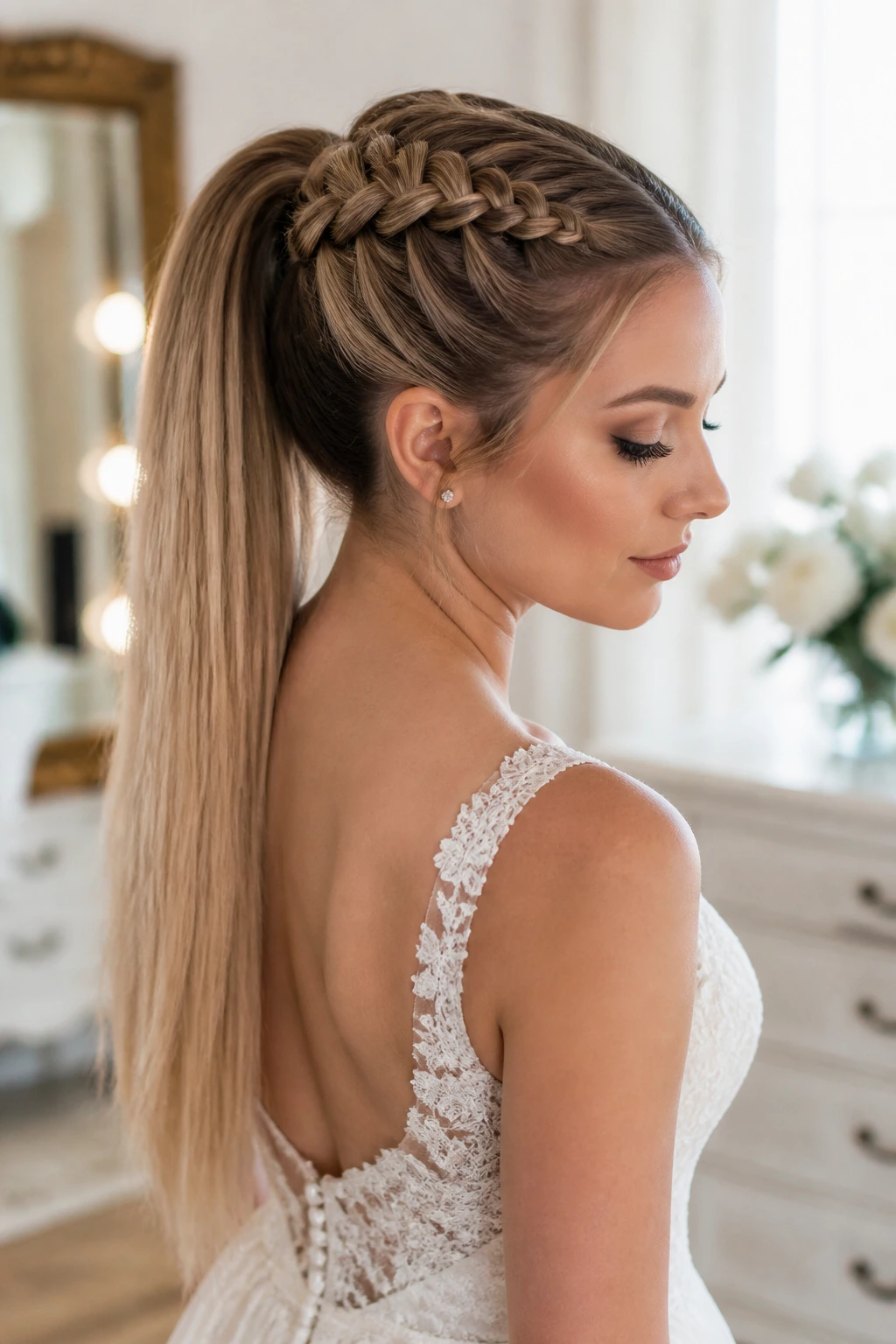 Bride's ponytail with braided base and long straight tail
