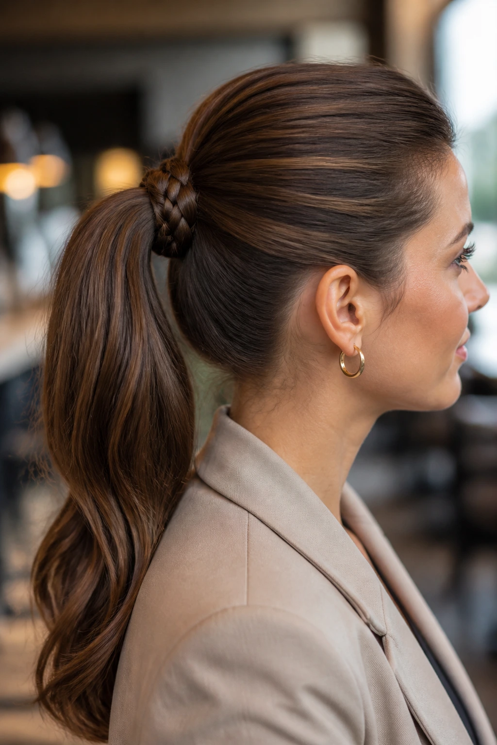 Close-up of a real woman with a braided base at the ponytail