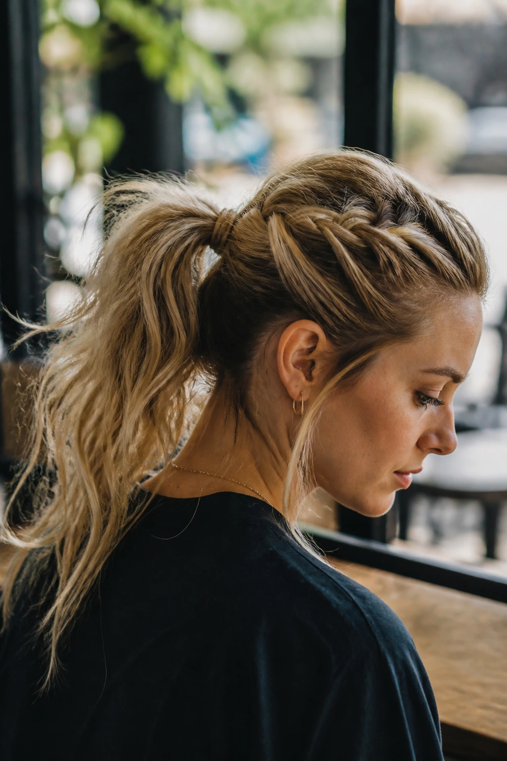 Close-up of real woman with braided-base messy ponytail