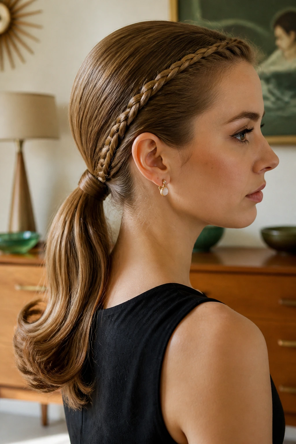 Close-up of a braided base at the ponytail on a real person with retro styling