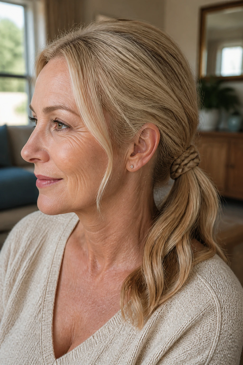 Close-up of real woman with braided base ponytail showing a small braid at the base.