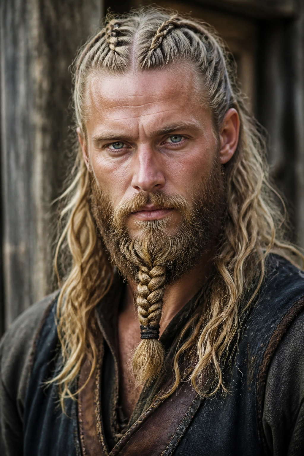 Close-up portrait of a man with hair braid and beard braid for a cohesive Viking look