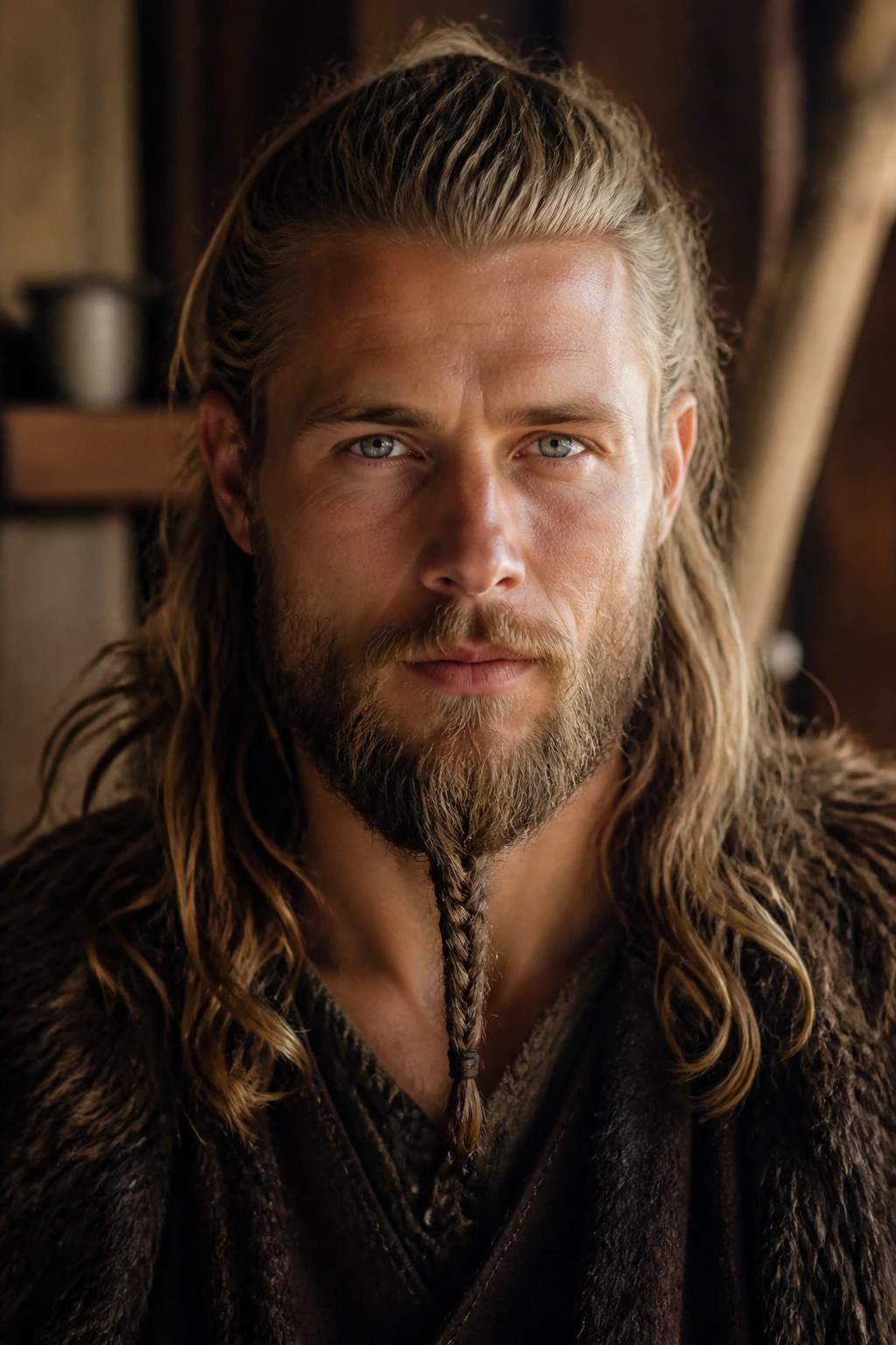Close-up portrait of a man with long hair and a braided beard accent.