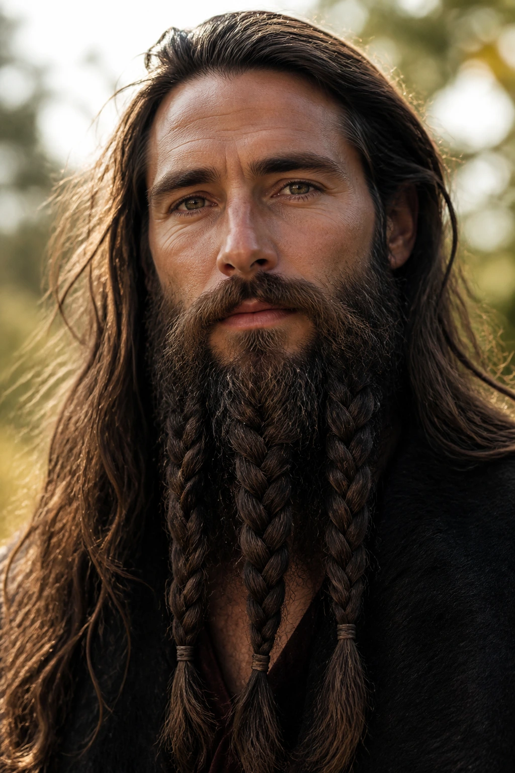Close-up of a man with a braided beard and long hair