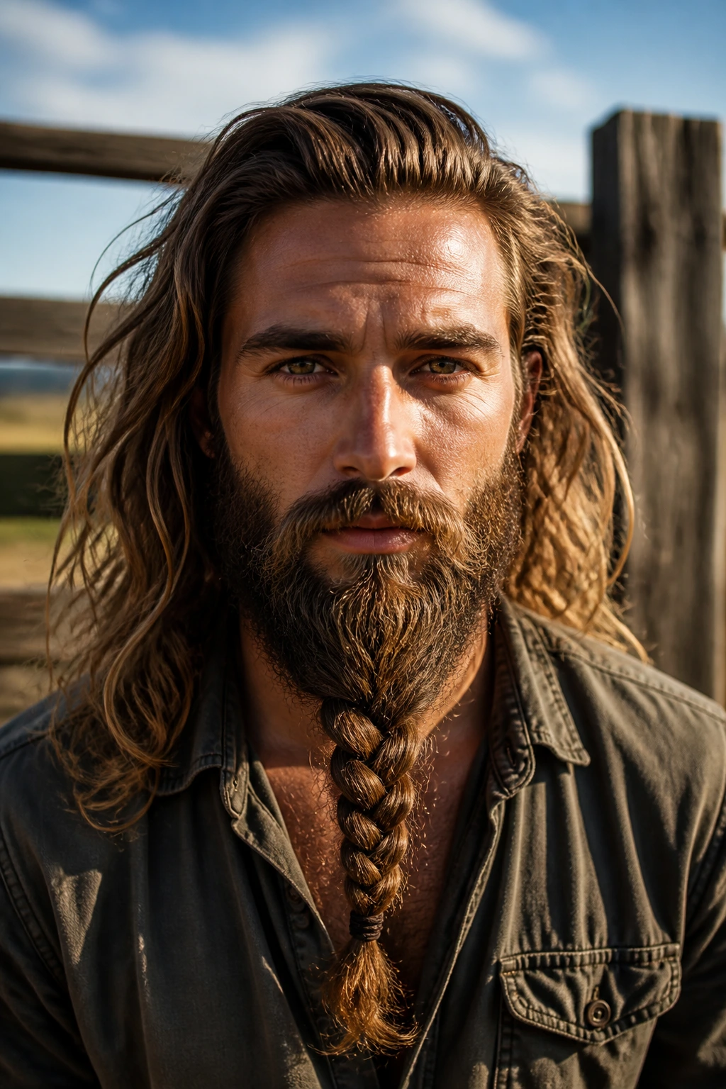 Man with braided beard and long hair in natural daylight