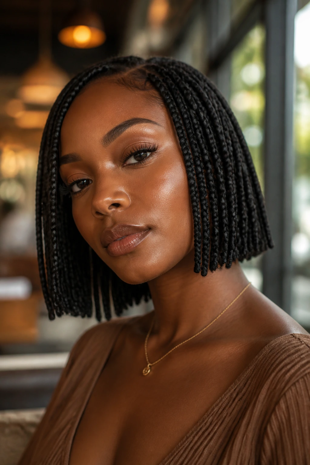 Close-up of a real woman with a chin-length braided bob in a cafe