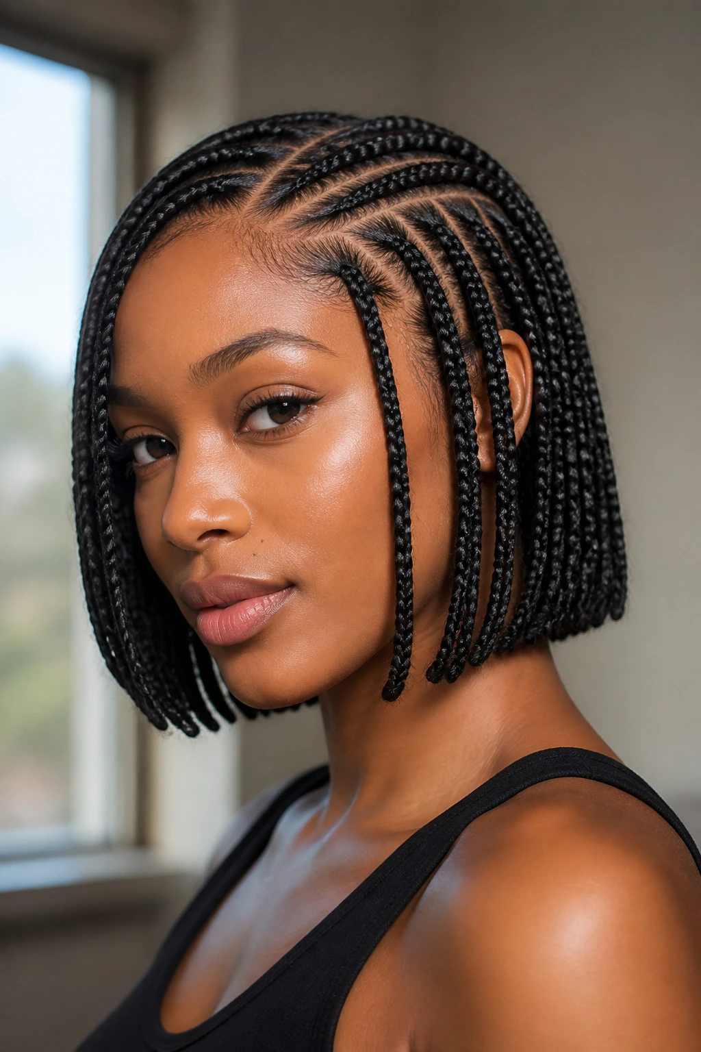 Close-up of real woman with braided bob cornrows