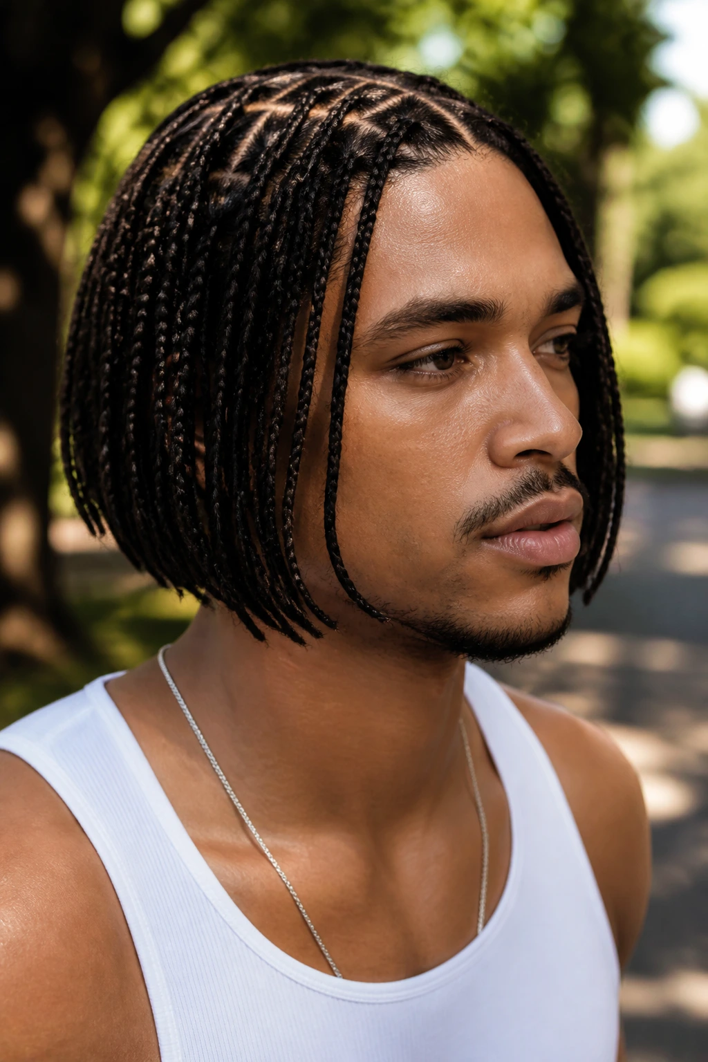 Man with a jaw-length braided bob in a sunlit park