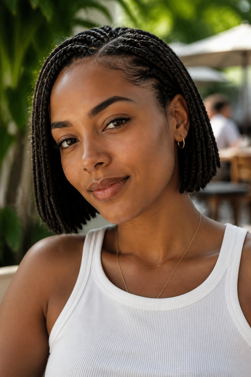 Close-up portrait of a real person wearing a jawline-skimming braided bob in warm outdoor cafe light.