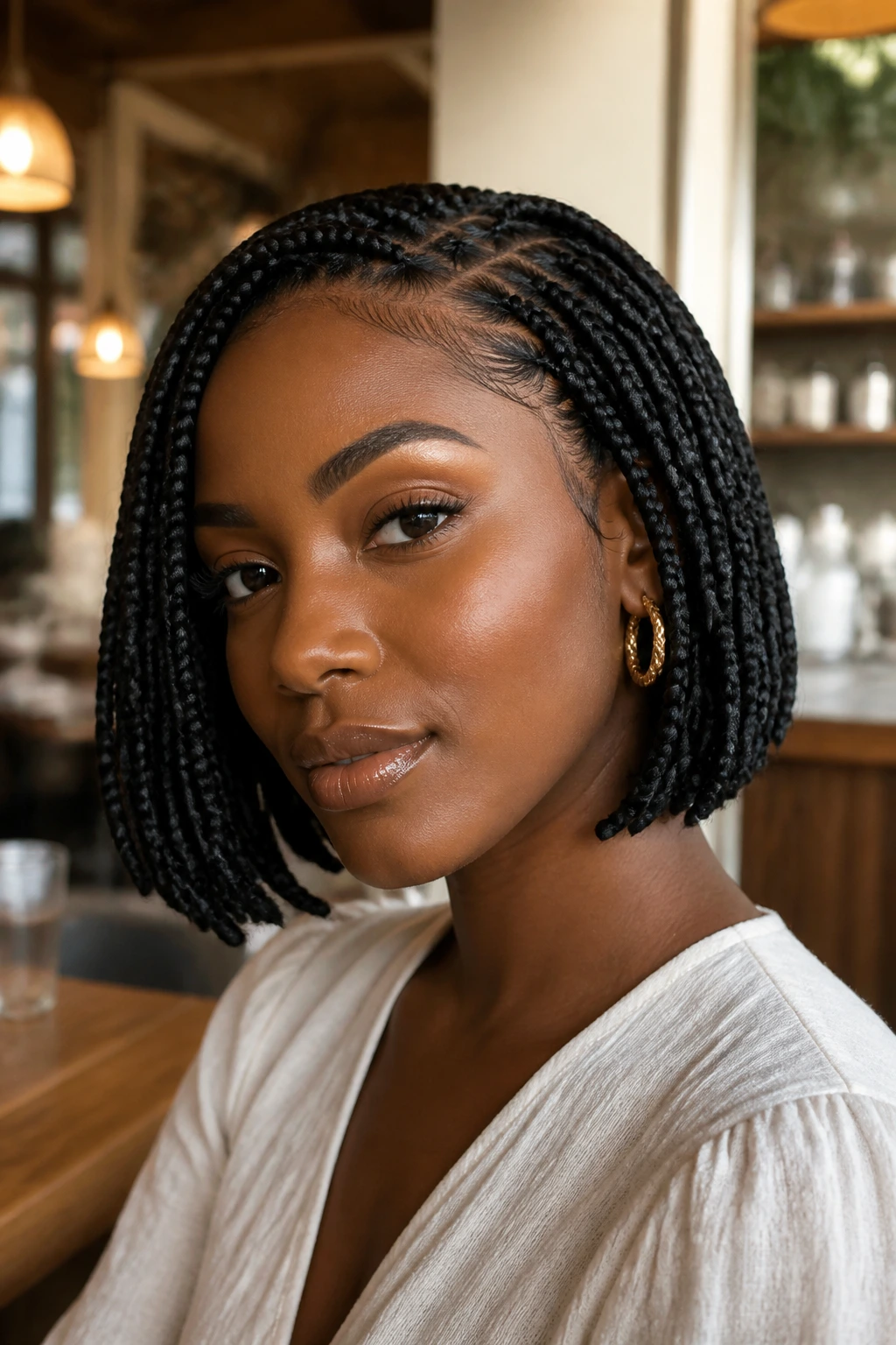 Real woman with braided bob in a cafe setting, portrait shot.