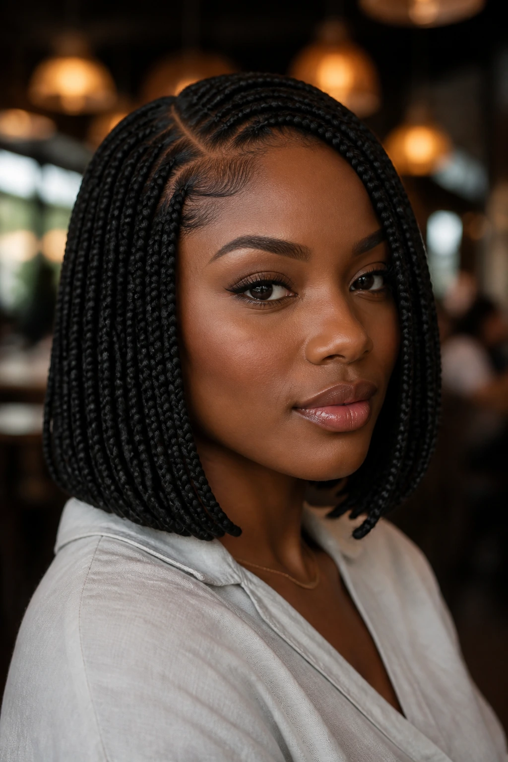 Close-up portrait of a real Black woman with a braided bob in a cafe