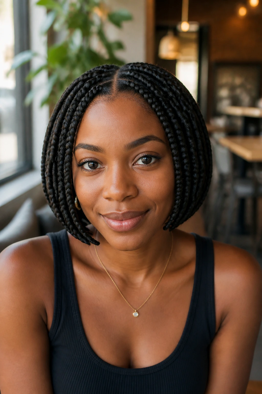 Portrait of woman with braided bob hairstyle.
