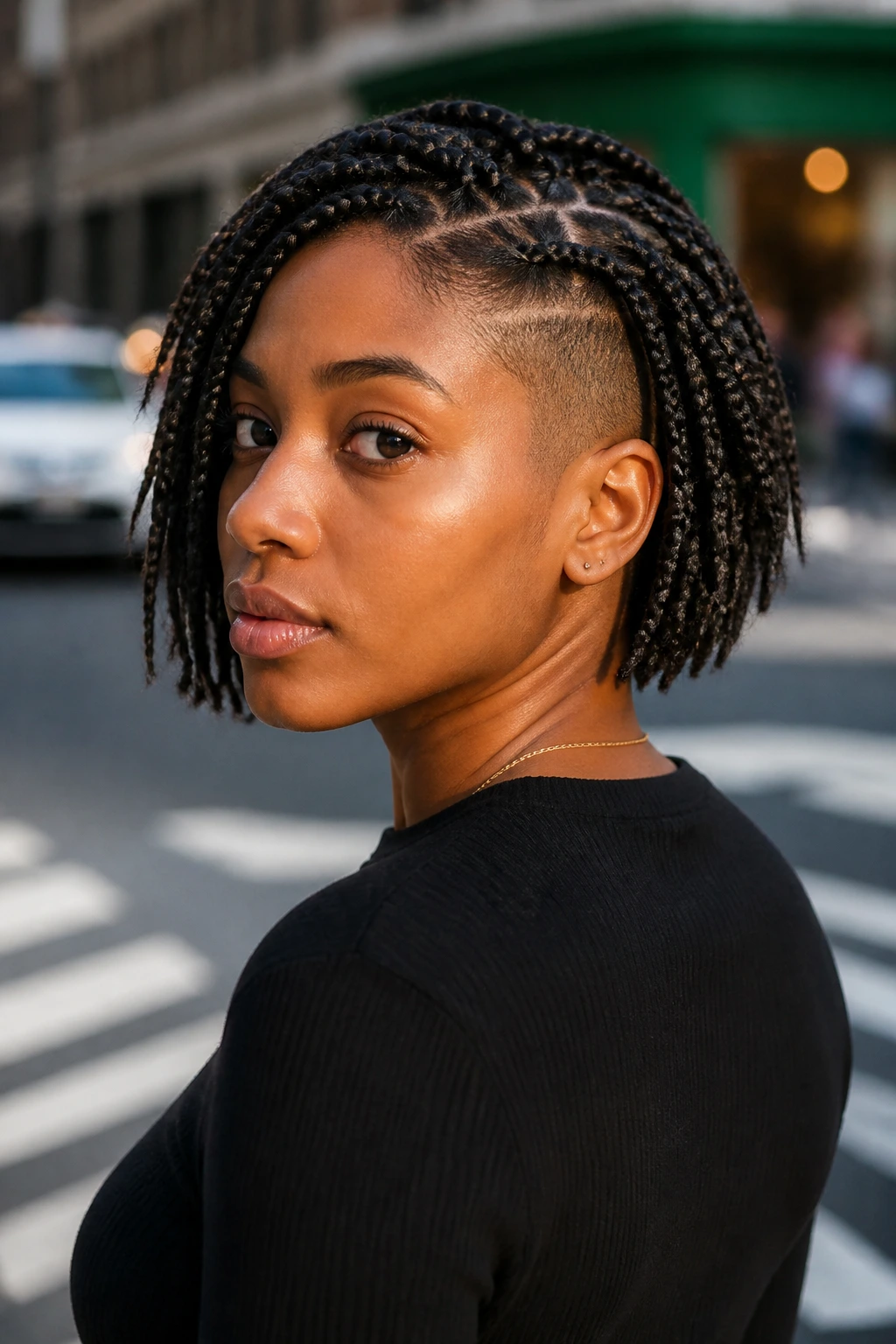 Close-up of a braided bob with tapered fade on a real person.