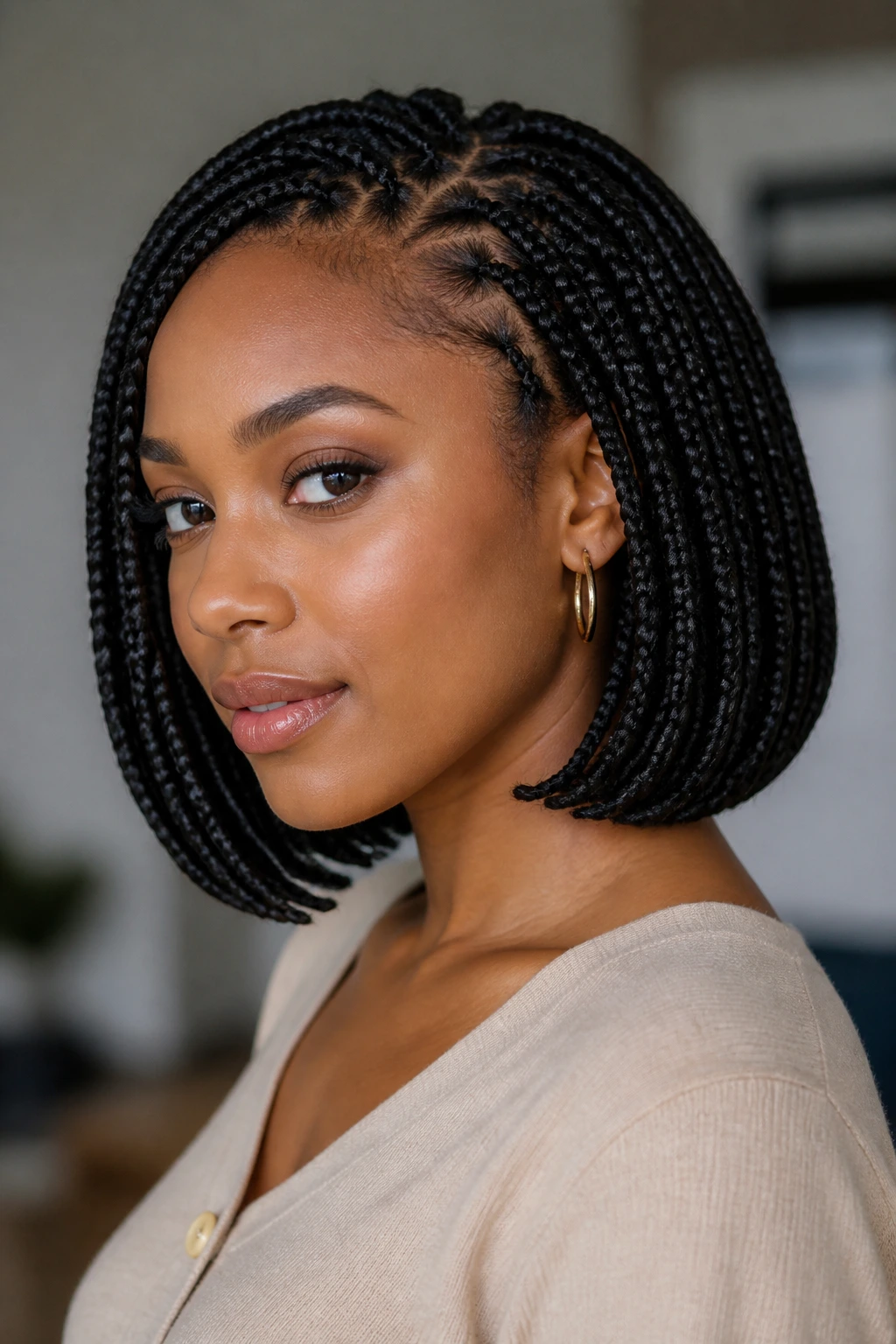 Real woman with a neat braided bob and tucked ends.