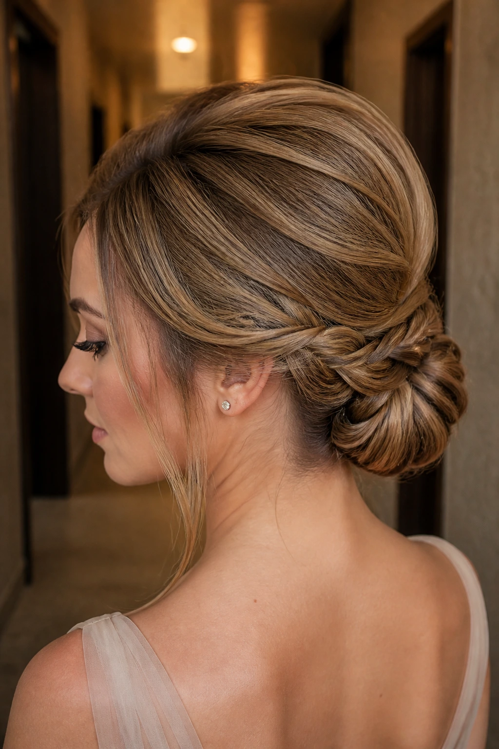 Close-up of a real woman with a braided low bouffant bun and lifted crown
