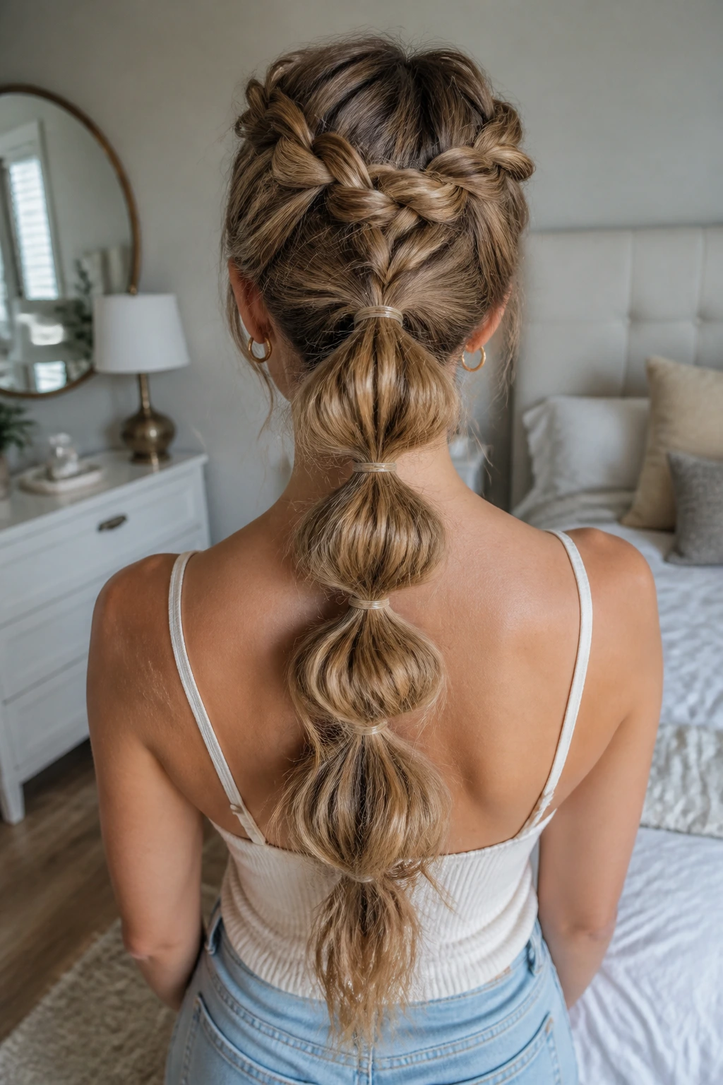Back view of a real woman with a crown braid and bubble ponytail