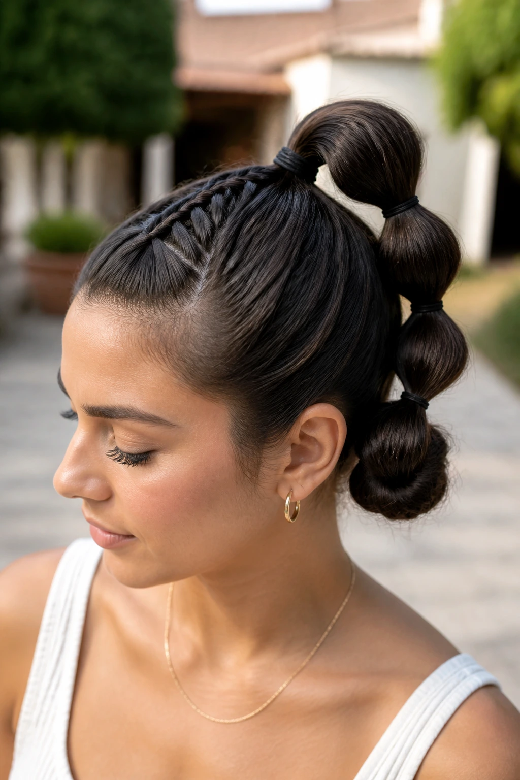 Portrait of a real woman with braided bubble ponytail bun hairstyle.