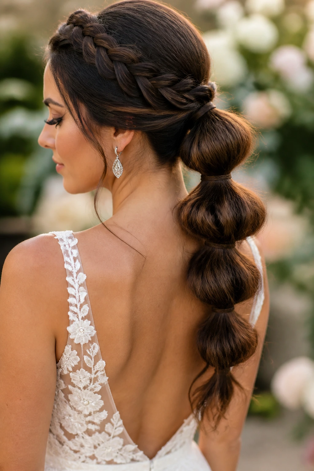 Close-up of braided bubble ponytail on real bride showing crown braid and bubble sections