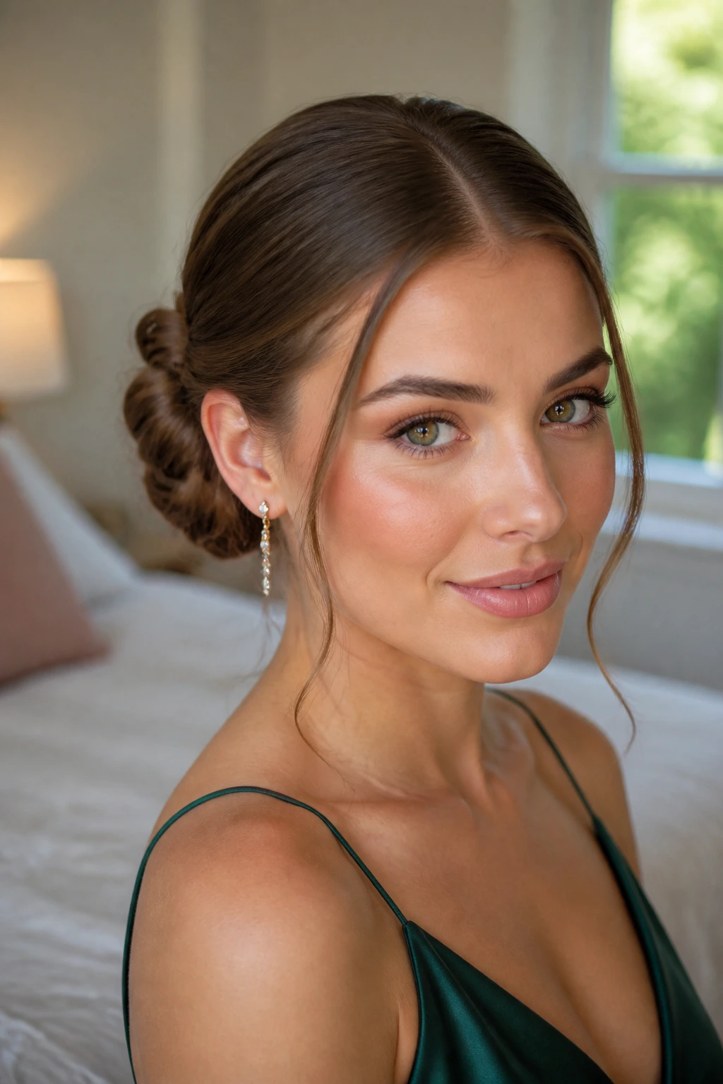 Close-up of a real woman with a braided bun and a soft center part
