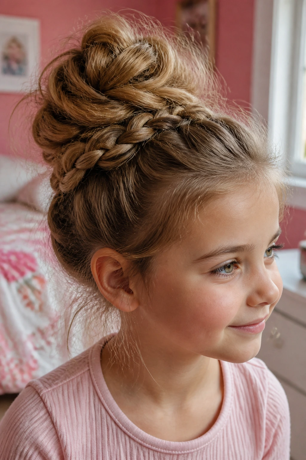 Close-up of a young girl with a braided messy bun in a cozy bedroom