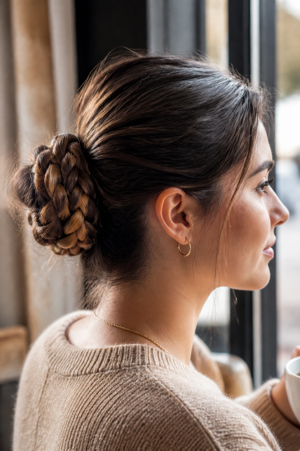 Close-up of a real woman with a braided bun at the back