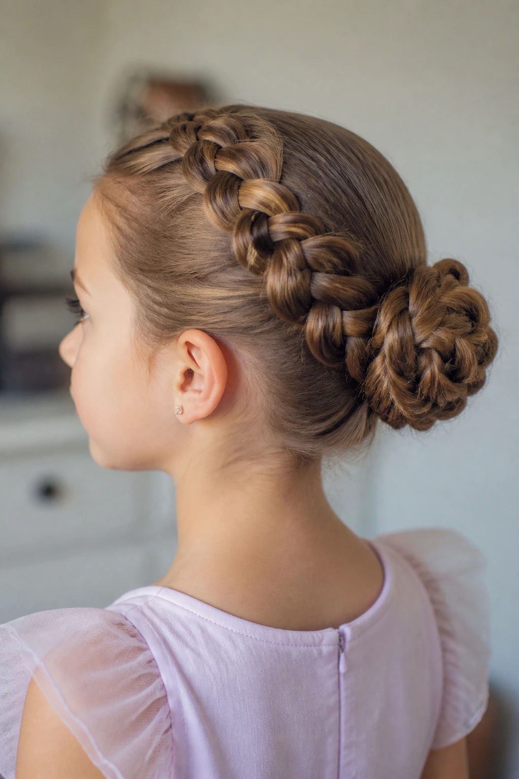 Real girl with braid down back formed into a bun at the nape, portrait