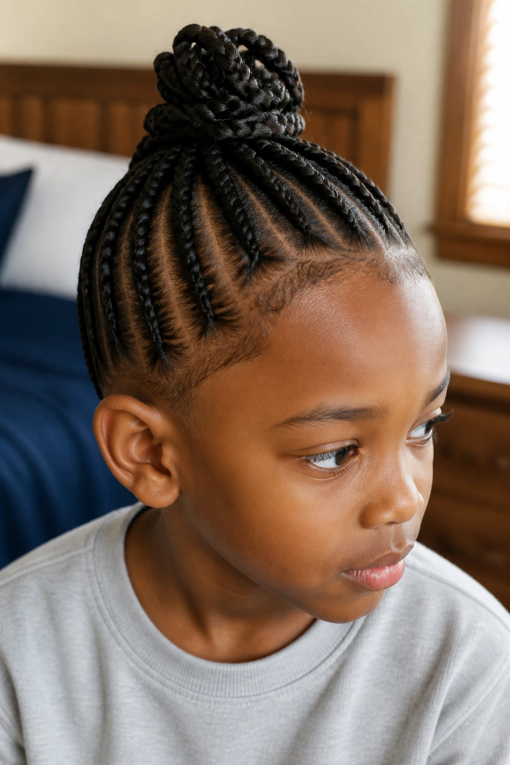 Close-up of a real boy's head with a crown braided bun lit by natural window light.