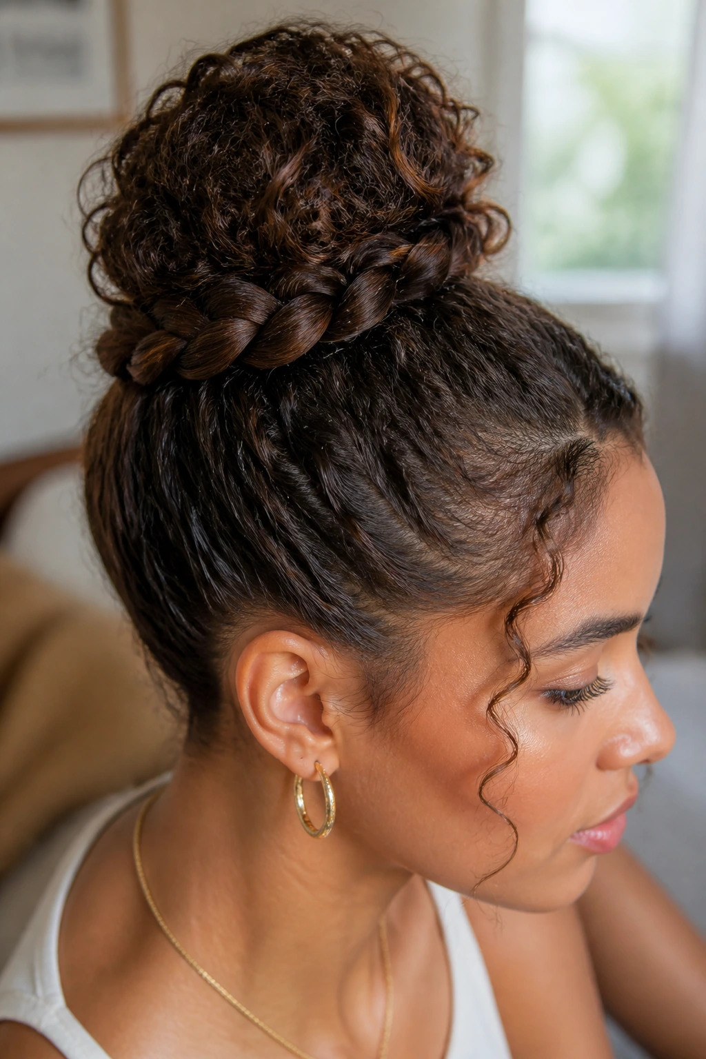 Close-up of a real woman with a braided base bun securing curly hair