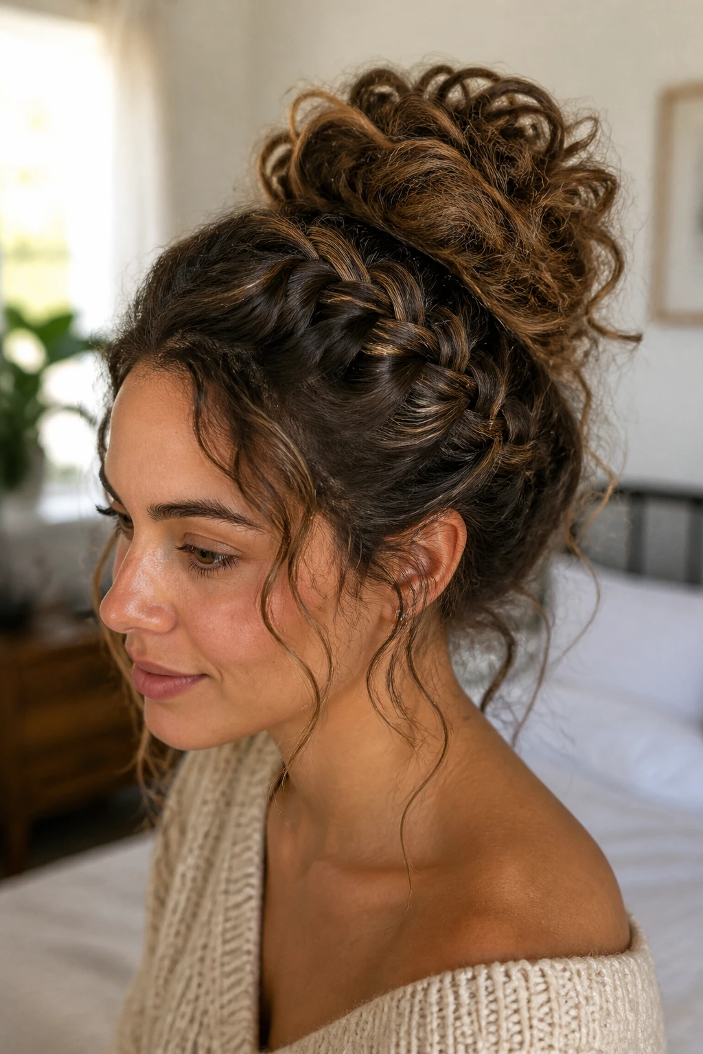 Close-up of a real woman with a braided curly bun in warm natural light