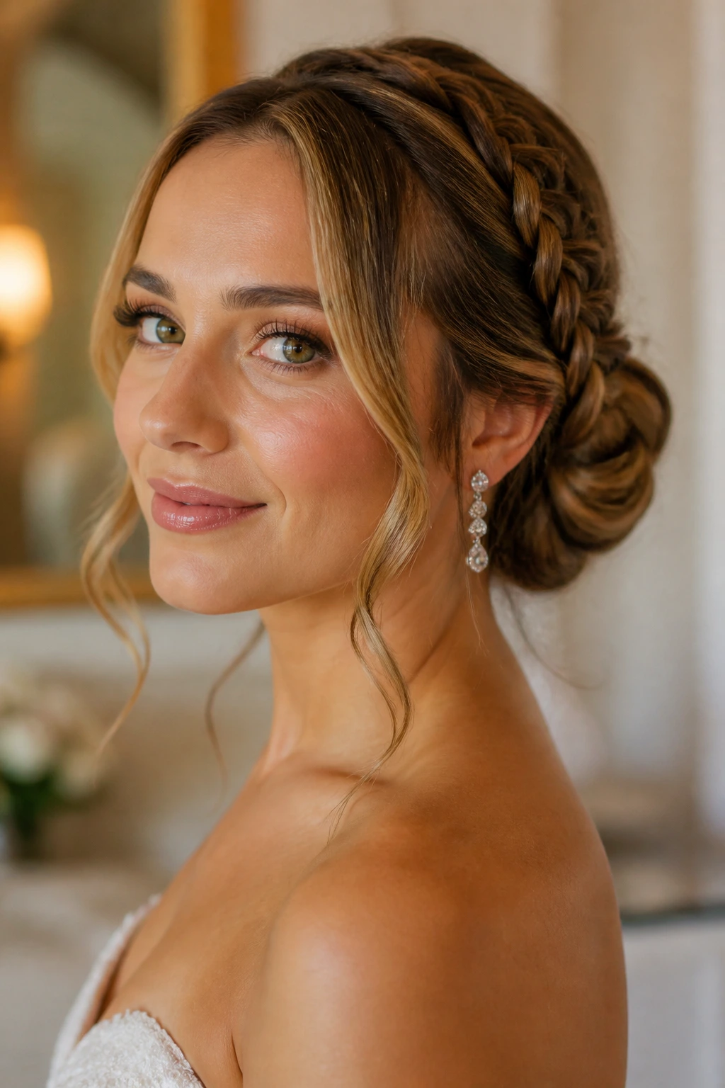 Bride with braided bun and soft front pieces in a warm bridal suite