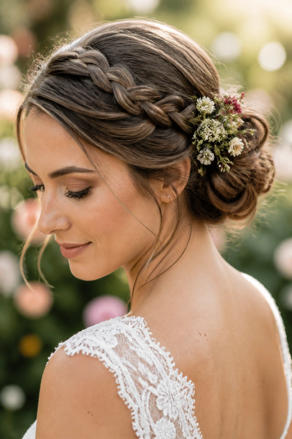 Bride with braided bun and small fresh flowers in garden setting